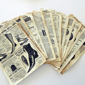 May include: A collection of vintage, off-white paper pages from a Sears, Roebuck & Co. catalogue. The pages feature black ink illustrations of various products, including Fargo's ball-bearing bicycle shoes and Julia Marlowe lace boots, with text.
