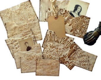 15枚のコーヒー染め紙ラベル、ヴィンテージタグとラベル、ジャンク