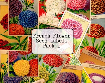 32 French Vintage Flower Seed Labels Pack 1, Instant Download, Printable JPEG