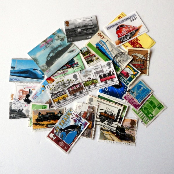 30 train postage stamps mixed lot for scrapbooking collage altered art