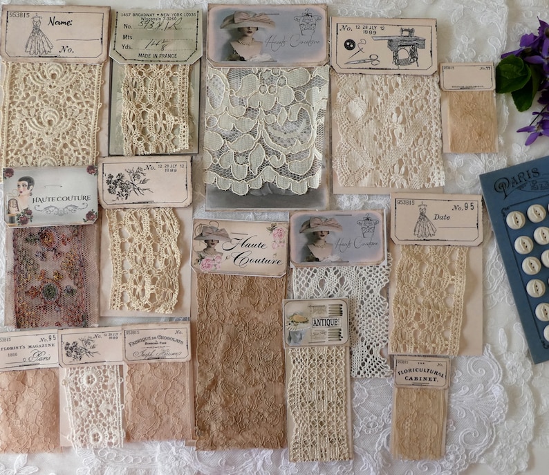 Vintage lace sample cards, junk journal embellishments Neutral