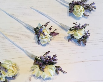 Dried mixed flower hair pins | purple Limonium & white Larkspur | wedding/bridal hair picks