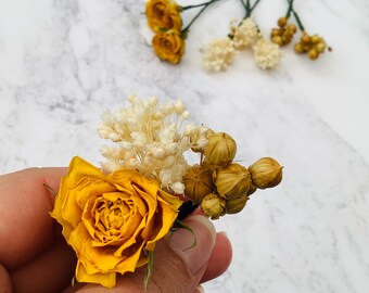 Dried flower hair pins | Yellow rose, Flax & Broom bloom | wedding