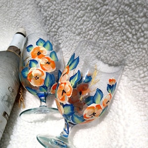 Painted Wine Glasses Terracotta White Hollyhock Mom Grandma Birthday Gift Floral Hand painted Wine Glasses Floral Glass Art Painting Holyhok