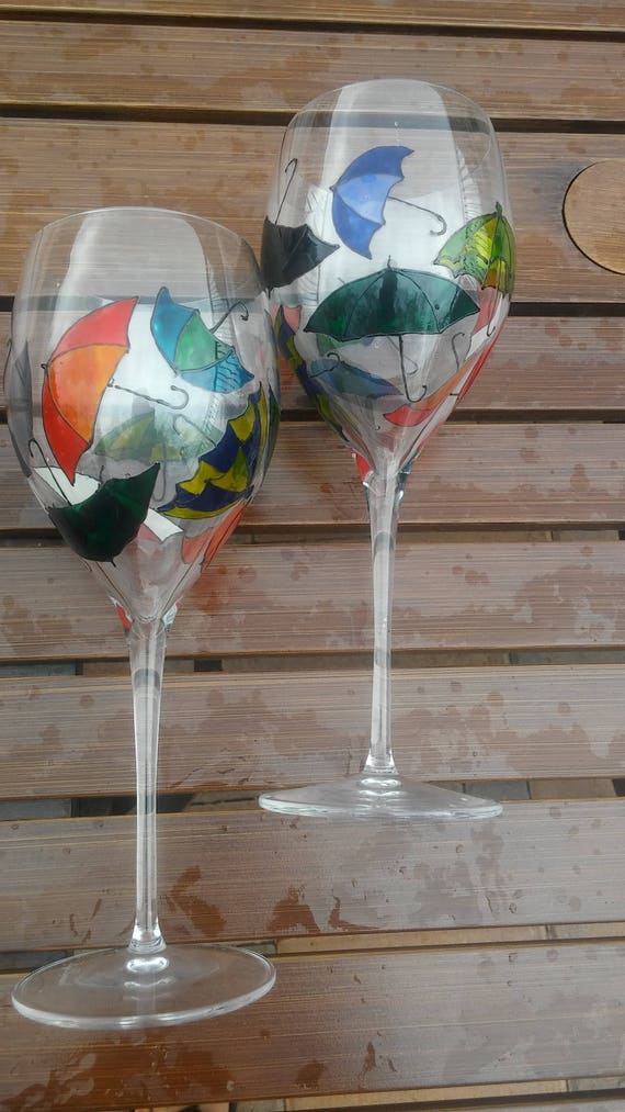 Umbrella Hand Painted Wine Glasses Set of 2 Birthday Gift for Her  Handpainted Wine Glasses Painting Girlfriend Gift Umbrellas Mom Gift Rain 