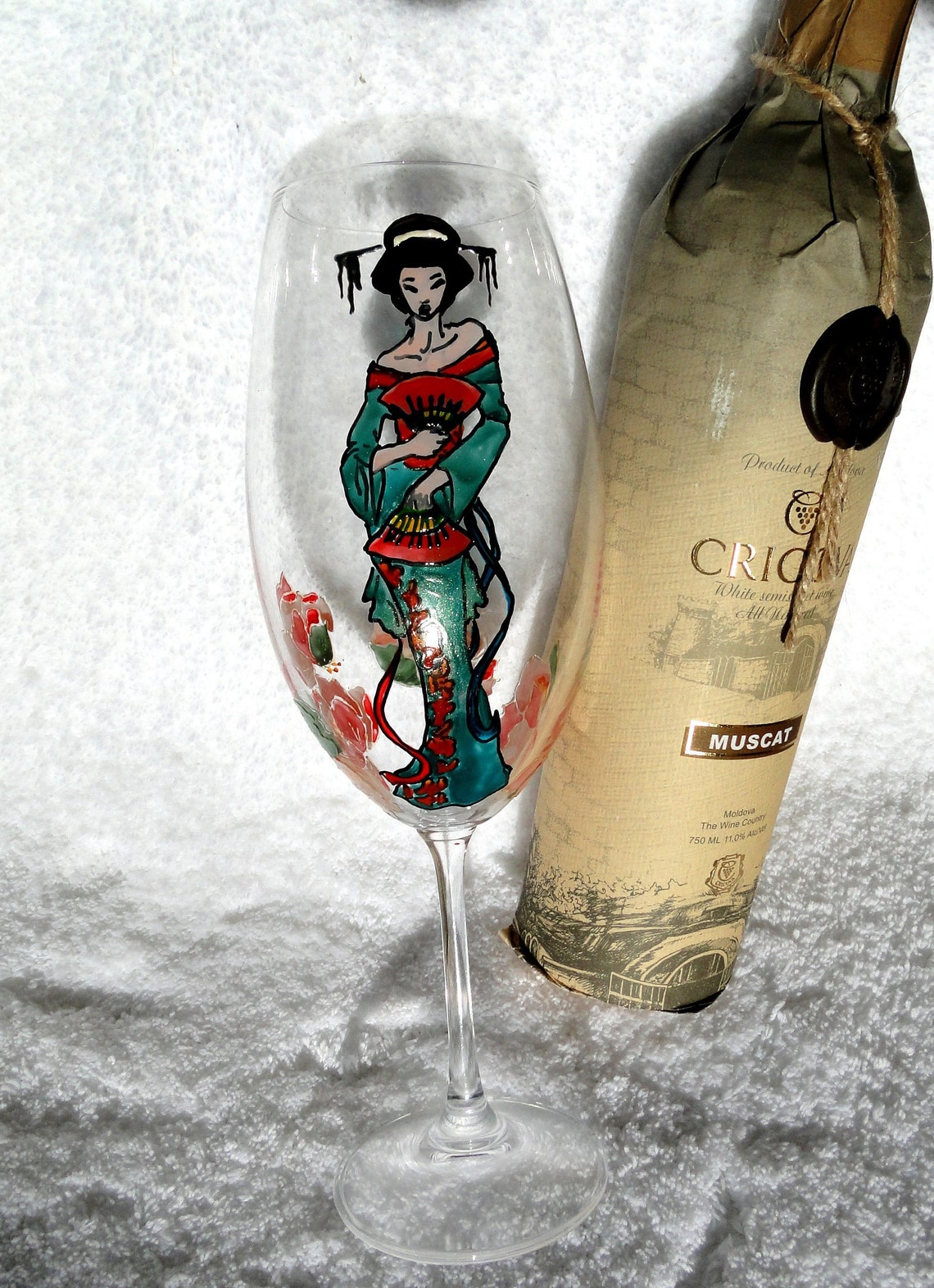 Asian Woman Wine Glass 20 Oz Hand Painted Chinese Japanese Etsy