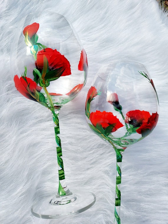 Red and Black Roses Large 25.5 Wine Glasses Set of 2 Hand Painted