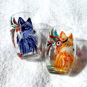 Indian Foxes wine glasses 16 oz  Stemless hand painted set of 2 American indian gift glasses Handpainted Foxes wine glasses Funny tumblers