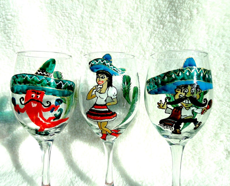 Mexico Hand Painted Wine Glasses 16 Oz Set of 3 Funny Wine Glasses Gift