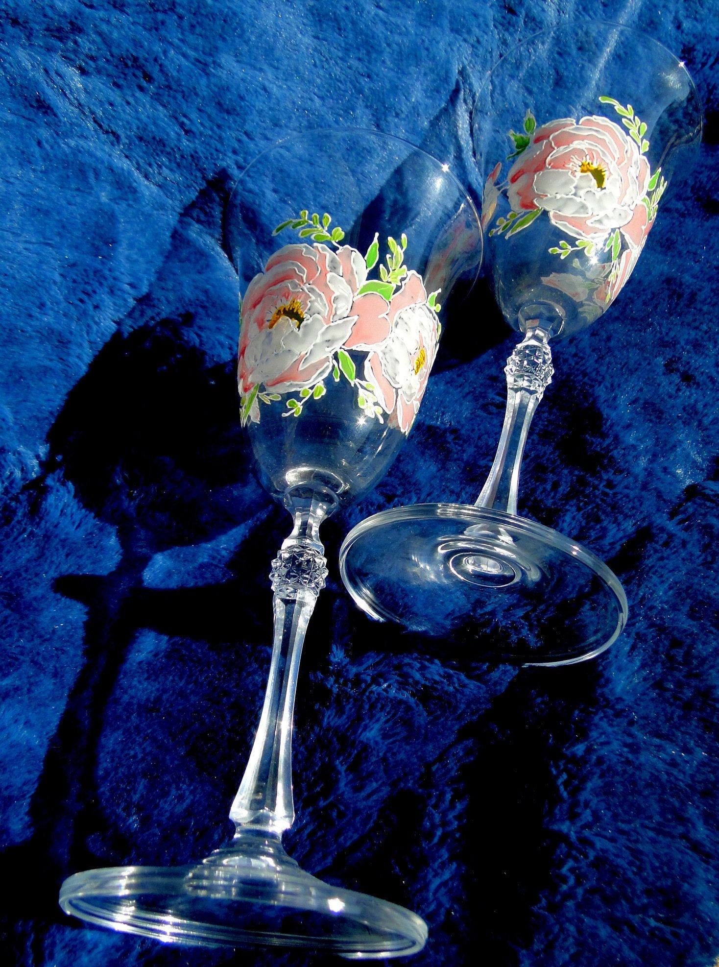 White Pink Roses Champagne / Wine Glasses Set of 2 for Her Wedding Gift