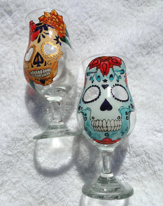 Sugar skull girl wine glass Hand painted Large 22 oz Creepy gift For him For her Handpainted Personalized Funny gift