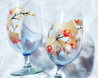 Bemaltes Geschenk Weinwasser Trinkgläser 2er Set Gelb Rosa Orchidee für Ihre Freundin Frau Mama Geburtstag Floral Schön Dekoriert Custom