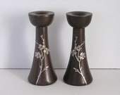 Symmetrical Pair of Bronze Sterling Silver Candlesticks w Chocolate Patina, Created by Heintz Art Metal Shop, Early 1900s FREE SHIPPING