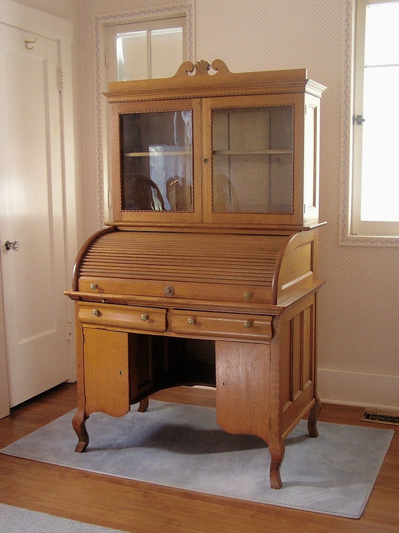 Antique Oak Secretary C 1900 Roll Top Desk Bookcase Etsy