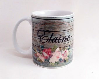 Personalized Mug - Name with Watercolor Flowers on Distressed Wood