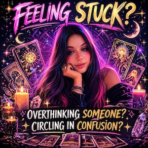 May include: A digital illustration with a woman, tarot cards, candles, and crystals. The image has a purple and pink colour scheme with the text "FEELING STUCK?" at the top and "OVERTHINKING SOMEONE? CIRCLING IN CONFUSION?" at the bottom.