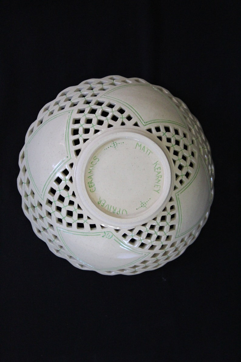 Large Cutout Bowl with Diamond Pattern and Green Accent Lines