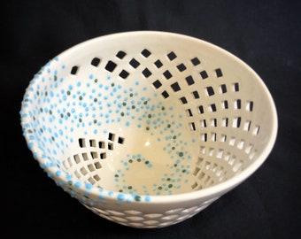 White Porcelain Bowl with Diamond Cutout Design and Swirling Dots