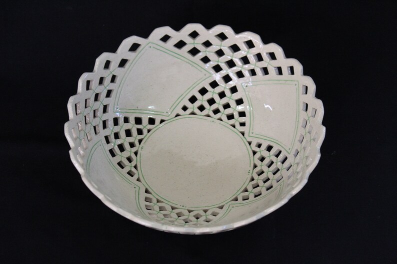 Large Cutout Bowl with Diamond Pattern and Green Accent Lines