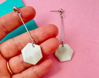 White pendant earrings, silver leaf earrings hexagonal earrings, light earrings, elegant earrings, hypoallergenic earrings