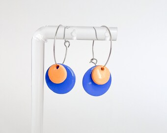 Tiny hoop orange and lightblue earrings, geometric earrings, lightweight jewelry, anti-allergic accessories