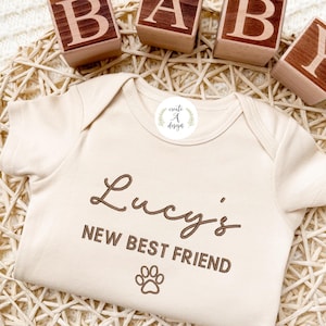 Embroidered New Best Friend Dog Name Onesie® Protected By Dog Custom Pregnancy Announcement Personalized Gifts for Newborn, Baby Outfit