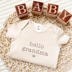 Embroidered Hello Grandma Onesie® New Grandparent Gift pregnancy announcement to Grandma Baby Pregnancy Reveal, First Grandchild