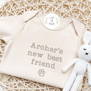 Embroidered Custom Dog Name Onesie® New Best Friend Dog Name Onesie® Protected By Dog Name,  Personalized Gifts for Newborn Baby Shower Gift