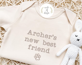 Embroidered Custom Dog Name Onesie® New Best Friend Dog Name Onesie® Protected By Dog Name,  Personalized Gifts for Newborn Baby Shower Gift