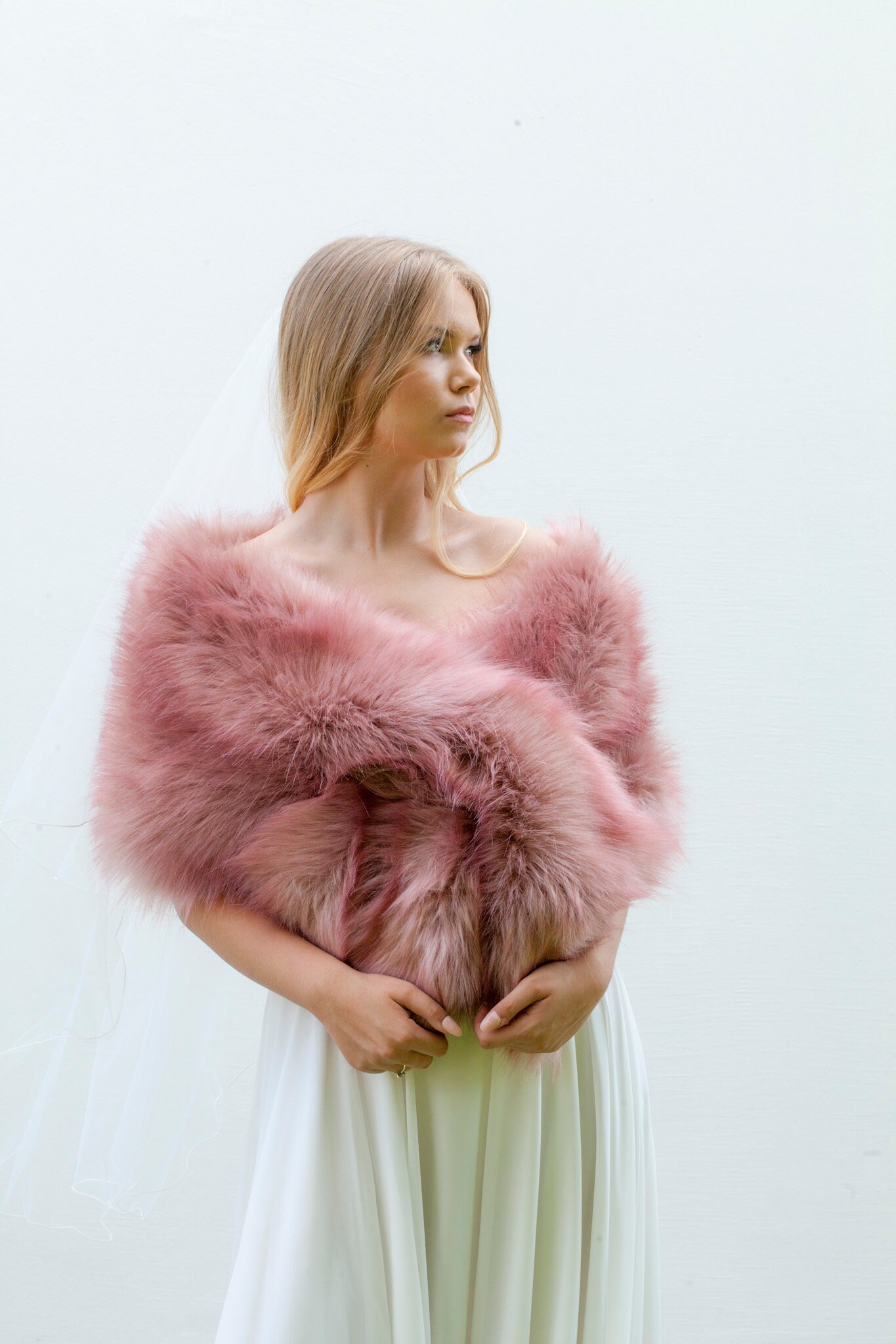 Dusty Pink Winter bridal shawl Faux fox fur shawl bridal Etsy