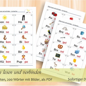 Silben lesen und verbinden Bild und Wortkarten zum Erstlesen 57 ausdruckbare Seiten A4 / 200200 Kärtchen, als PDF Bild 1