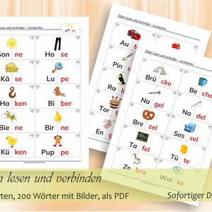 Silben lesen und verbinden - Bild- und Wortkarten zum Erstlesen | 57 ausdruckbare Seiten A4 / 200+200 Kärtchen, als PDF