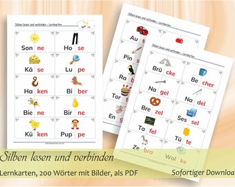 Silben lesen und verbinden - Bild- und Wortkarten zum Erstlesen | 57 ausdruckbare Seiten A4 / 200+200 Kärtchen, als PDF