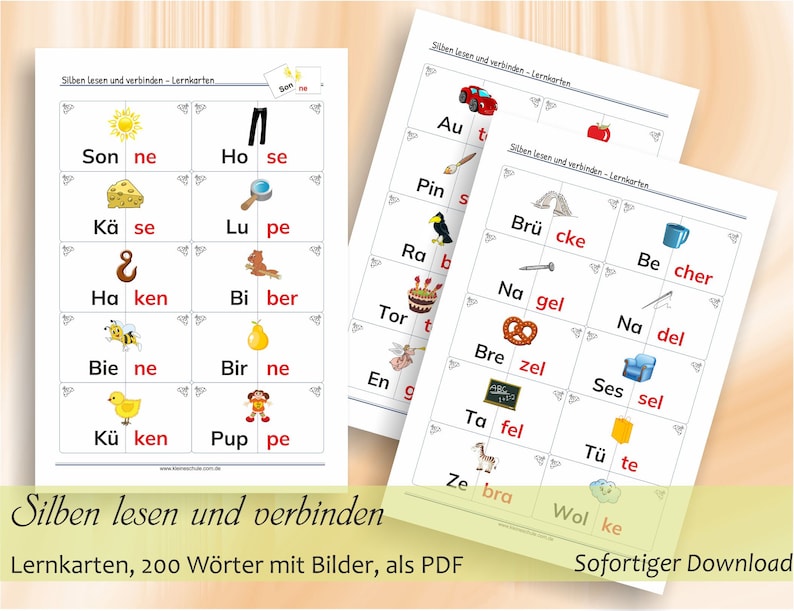 Silben lesen und verbinden Bild und Wortkarten zum Erstlesen 57 ausdruckbare Seiten A4 / 200200 Kärtchen, als PDF Bild 1