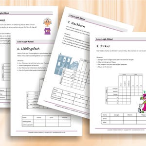 May include: Four white paper sheets titled Lese-Logik-R&auml;tsel featuring logic puzzles with German text, numbered lists of clues, and empty grid tables for recording answers. Illustrations include a grandmother, a circus clown, and buildings.