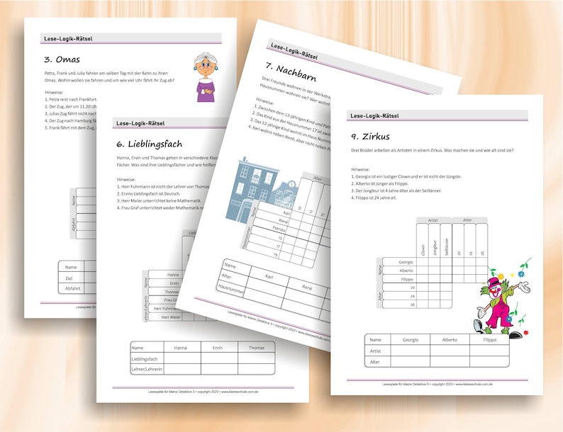 May include: Four white paper sheets titled Lese-Logik-R&auml;tsel featuring logic puzzles with German text, numbered lists of clues, and empty grid tables for recording answers. Illustrations include a grandmother, a circus clown, and buildings.