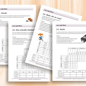May include: Four white sheets of paper featuring German reading logic puzzles titled Lese-Logik-R&auml;tsel. The pages include numbered exercises 11, 13, 16, and 19, each with text, small illustrations of a dog, a running child, and a piano, plus logic grids.