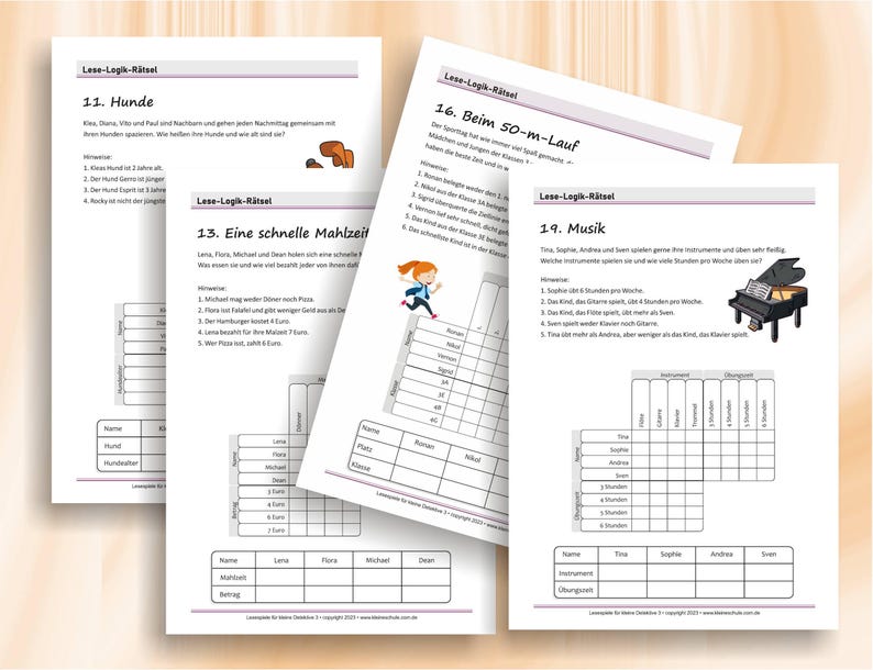 May include: Four white sheets of paper featuring German reading logic puzzles titled Lese-Logik-R&auml;tsel. The pages include numbered exercises 11, 13, 16, and 19, each with text, small illustrations of a dog, a running child, and a piano, plus logic grids.