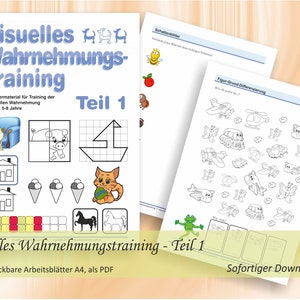 May include: A black and white printable worksheet for visual perception training. The worksheet features a variety of activities, including matching shapes, finding hidden objects, and completing patterns. The title of the worksheet is "Visuelles Wahrnehmungstraining - Teil 1".