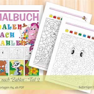 Malbuch - Malen nach Zahlen Teil 2 | 32 Malvorlagen A4, als PDF