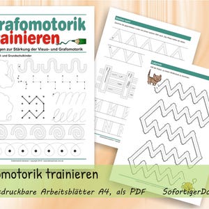 Könnte beinhalten: Ein Set aus pädagogischen Arbeitsblättern mit dem Titel Grafomotorik trainieren, die verschiedene Nachspurübungen wie gepunktete Linien, Formen, Muster und ein Labyrinth mit einer Katzenillustration zur Förderung der Feinmotorik enthalten.