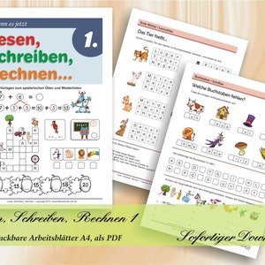 Könnte beinhalten: Ein farbenfrohes Arbeitsblatt für Erstklässler mit dem Titel "Lesen, Schreiben, Rechnen..." und der Nummer "1." Das Arbeitsblatt enthält ein Kreuzworträtsel, eine Rechenaufgabe und ein Bild eines Comic-Tieres. Der Text "74 ausdruckbare Arbeitsblätter A4, als PDF" befindet sich am unteren Rand der Seite.