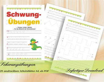 Schwungübungen Grafomotorische Übungsblätter für Kindergarten und Vorschule - 28 ausdruckbare Arbeitsblätter A4, als PDF