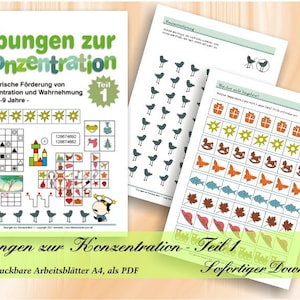 Übungen zur Konzentration Teil 1 Spielerische Förderung von Konzentration und Wahrnehmung 43 ausdruckbare Arbeitsblätter A4, als PDF Bild 1