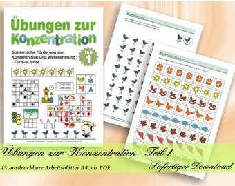 Übungen zur Konzentration - Teil 1 | Spielerische Förderung von Konzentration und Wahrnehmung | 43 ausdruckbare Arbeitsblätter A4, als PDF
