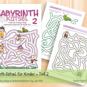 Op de afbeelding: Een verzameling printbare doolhof-werkbladen getiteld Labyrinth Rätsel 2. De pagina's bevatten kleurrijke illustraties van een kind, een muis, een hond, een eend, een konijn en een verjaardagstaart, samen met verschillende doolhofpaden voor kinderen.