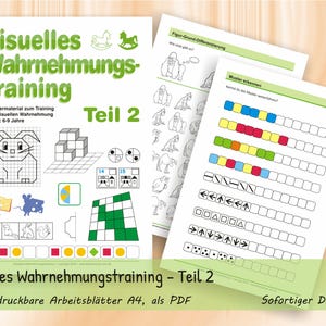 May include: A set of educational worksheets titled Visuelles Wahrnehmungstraining Teil 2, featuring black and white line drawings of animals, geometric shapes, patterns, and sequences with colored squares, designed for visual perception training.