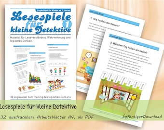 May include: A collection of educational worksheets titled Lesespiele für kleine Detektive 1, featuring logic puzzles for children. The pages include text in German, colorful illustrations of characters, and activities designed to practice reading comprehension and logical thinking skills.