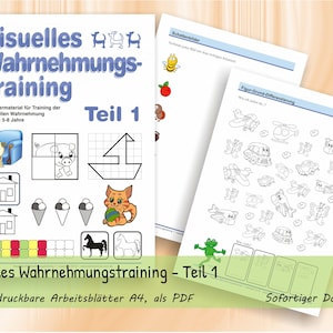 May include: A set of educational worksheets titled Visuelles Wahrnehmungstraining Teil 1, featuring black and white line drawings of animals, vehicles, and shapes, alongside colorful illustrations of a dog, cat, and ice cream cones for children.