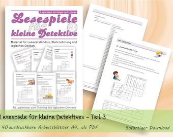 May include: A collection of educational activity sheets titled Lesespiele für kleine Detektive 3, featuring logic puzzles for children. The white pages include text, grid charts, and small colorful illustrations of children reading and animals.